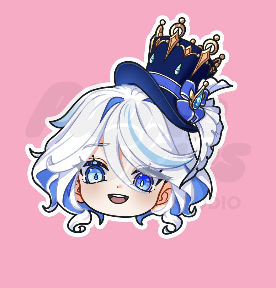 A sticker depicting a chibi-style character, Furina, from Genshin Impact, with blue hair and a crown.