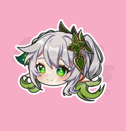A sticker depicting a chibi-style character Nahida from Genshin Impact, with white hair and green eyes, wearing leaf-like accessories in their hair.