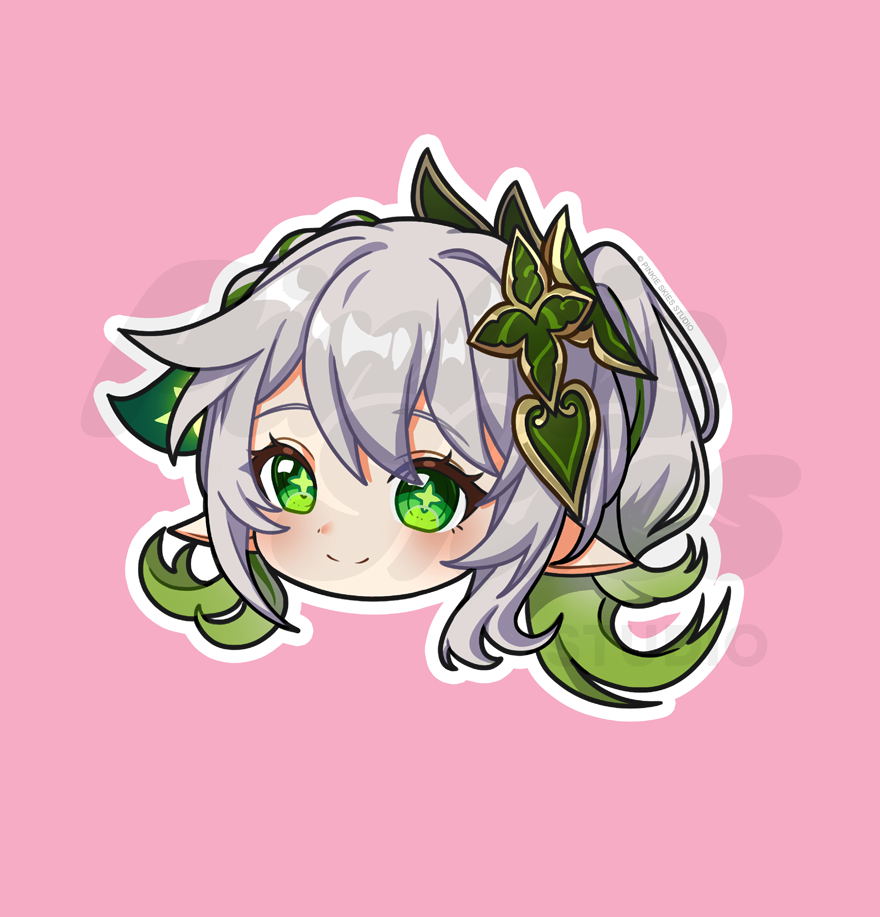 A sticker depicting a chibi-style character Nahida from Genshin Impact, with white hair and green eyes, wearing leaf-like accessories in their hair.