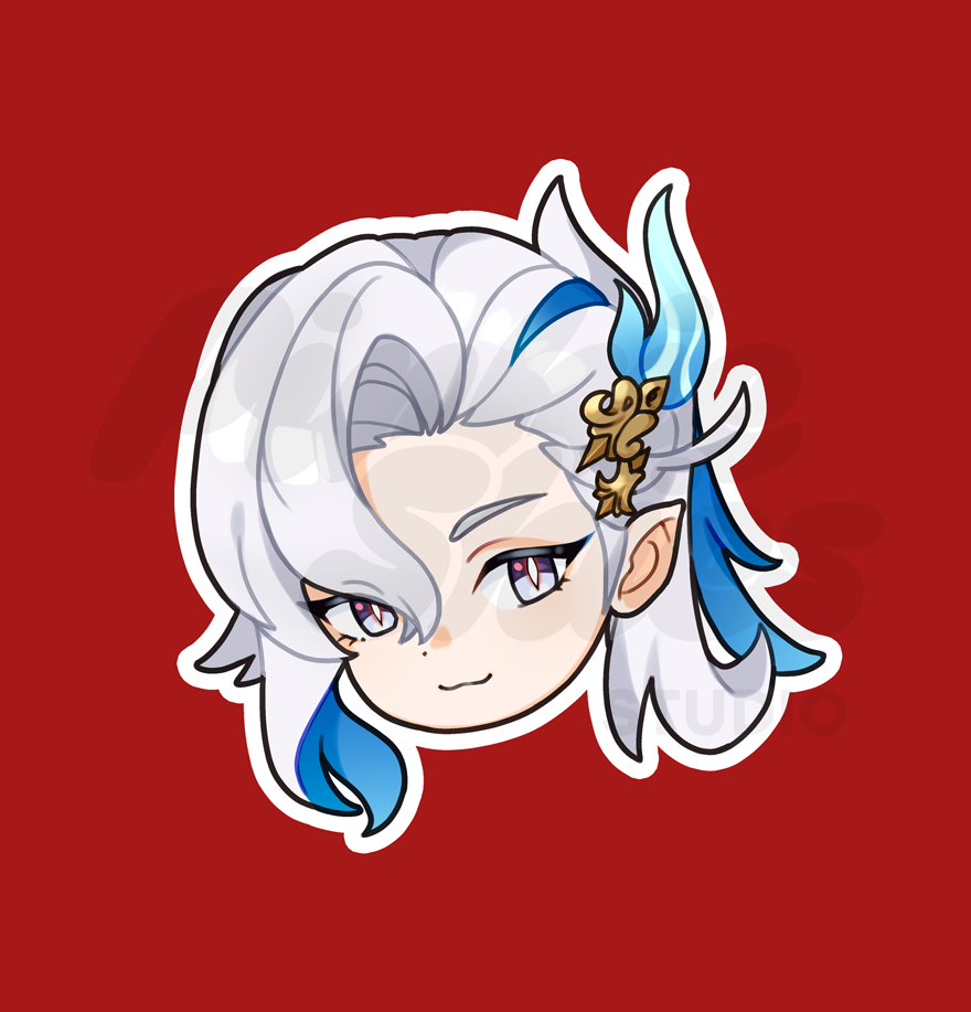 A sticker depicting a chibi-style character  Neuvillette from Genshin Impact, with white and blue hair and a golden accessory in their hair.