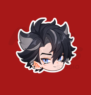 A sticker depicting a chibi-style character, Wriothesley, with black hair and blue eyes, with their signature ear piercings.